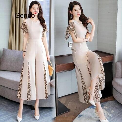 Women Hollow Out Leopard Patchwork Blouse Tops + Split Long Wide Leg-Pants 2 Piece Set 2020 Summer OL Female Suit Outfits
