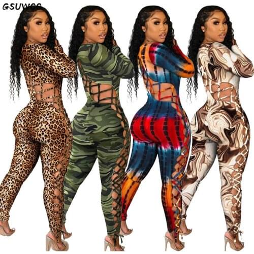 GSUWOO Women Long Sleeve Tether Plus Size Skinny Printed Jumpsuit Camo/Leopard Hollow Out Backless Plus Size One-piece Rompers