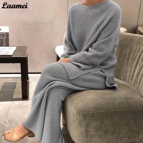Women Autumn Knitted 2 Piece Set O Neck Pullover Side Split Cozy Sets Loose Casual Elastic Waist Wide Leg Pants Tracksuit 2021