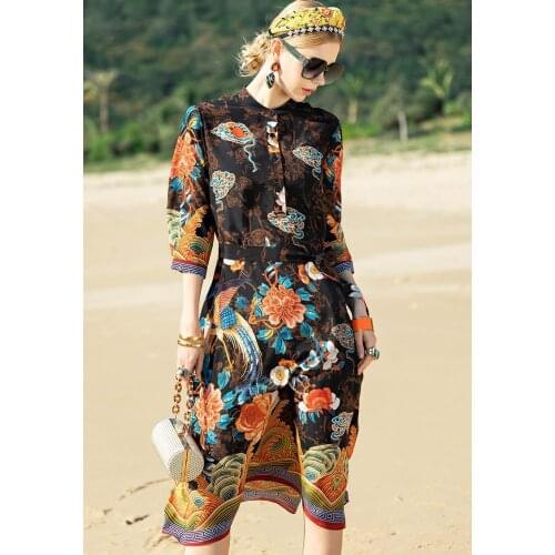 ZUOMAN Vintage 4XL Plus Size Midi Dress Spring Summer Loose Floral Mulberry Silk Dress Women Elegant Bodycon Party Vestido