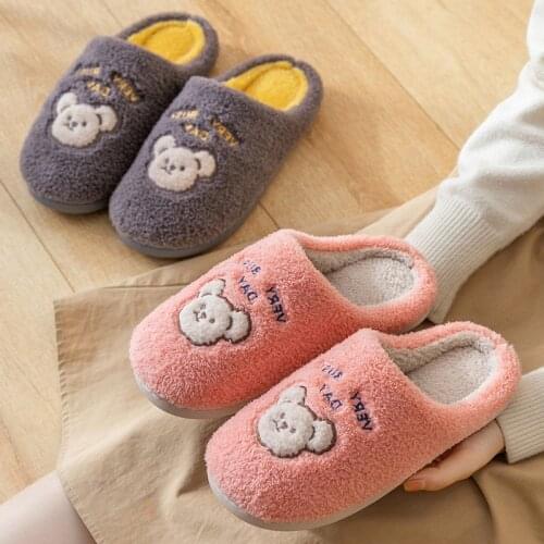 Winter Warm Slippers Women Men Thick Soled Non-slip Cartoon Lovely Bear Plush Cotton Shoes Memory Foam Couples Home Fur Slides