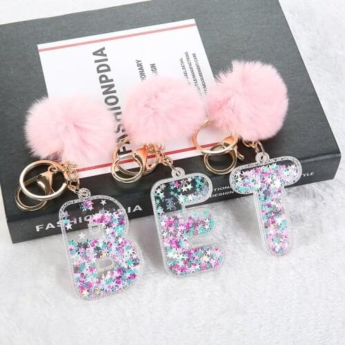 1PC Women Keychains Gold Keyring 13 Words English Letter Glitter Acrylic Hollowed-Out Handbag Charms with Puffer Ball