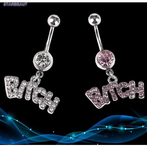 1pc Unique Word BITCH Navel Piercing Nombril, Crystal Belly Button Rings Body Piercing Ombligo Navel Ring, Bellybutton Piercings