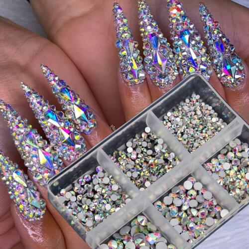 1 Box Glitter 3D Nail Rhinestones Colorful Mixed Size AB Flatback Crystals Diamond Gems DIY Tips Nail Art Decorations Strass