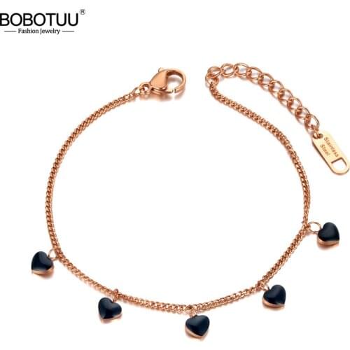BOBOTUU New Stainless Steel 5Pcs Dripping Glaze Black Heart Charm Bracelets For Women Girl Bohemia Chain Link Bracelet BB20068