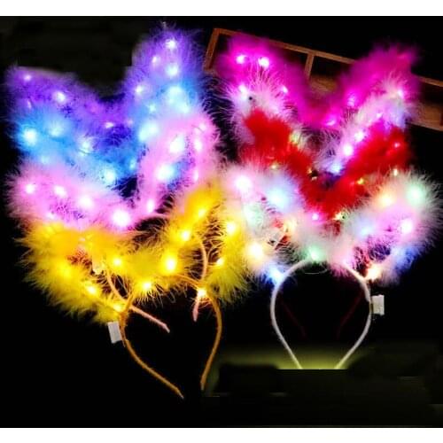 10pcs Long 15cm Bunny Ears Headbands Luminous Feather Headband Cute Festival Hair Hoop Party Wedding Night Club Bar Favors
