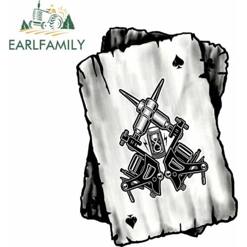 EARLFAMILY 13cm x 9.8cm B&W Ace Playing Cards Design with Old School Tattoo Gun Tattooist Motif Vinyl Car Sticker