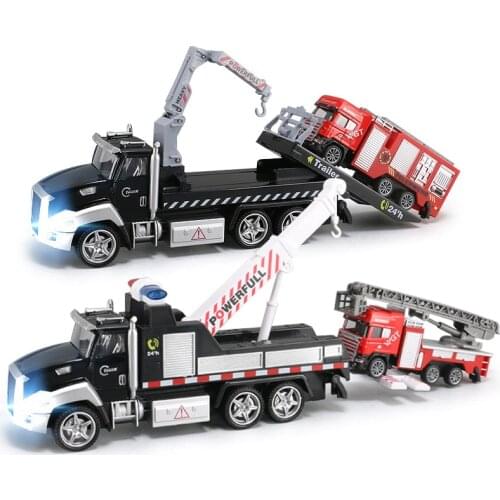 21CM Crane Trailer Tow Fire Rescue Truck Toys Sound and Light Pull Back Alloy Diecast & Toys Vehicles Car for Boys Children Y190