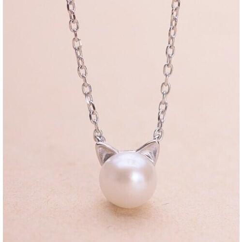 Jisensp Fashion Simulated Pearl Pendant Necklaces for Women Lovely Cat Ears Shape Necklaces Girls Cute Party Jewelry Gift