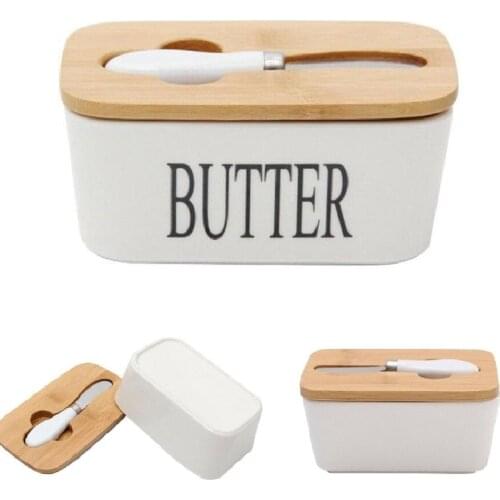 Butter Box Nordic Ceramic Container Storage Tray Dish Cheese Food Tool Serving Kitchen Keeper Wood Cover Sealing Plate+ Knife