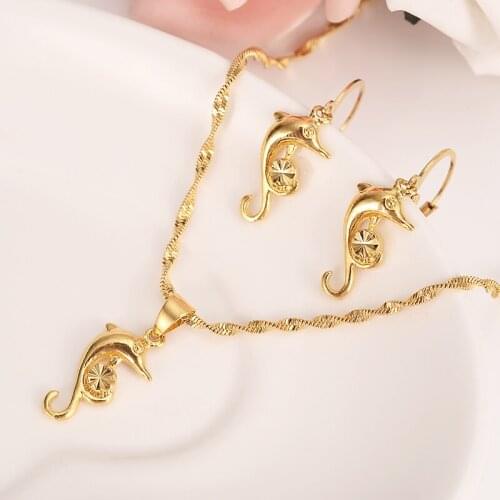 Fashion gold Jewelry Set Sweet Dolphin Pendant Necklace Loop Earrings Sets for Women PNG girls kids party bridal gifts charms
