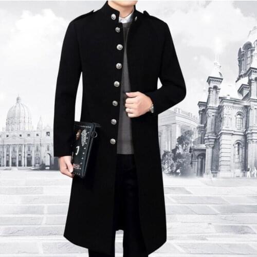 Hot Mens Korean Slim stand collar Metal buckle Long Windbreaker woollen coat Mens Fashion personality jackets stage costume