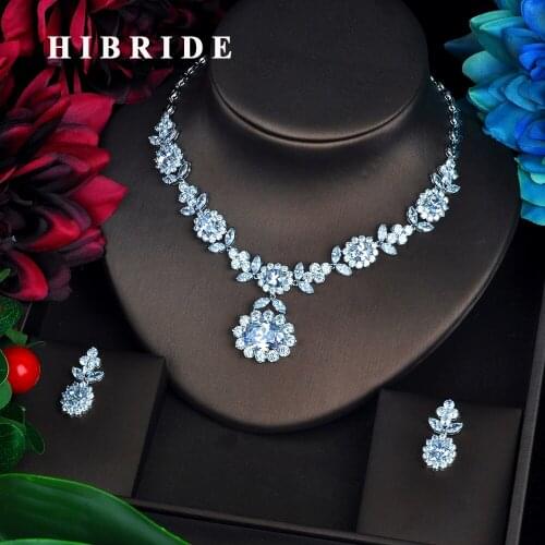 HIBRIDE Luxury Wedding Jewelry Sets For Women Sparkling AAA Teardrop Zircon Paved By Hand Hotsale Necklace Earrings Sets N-573