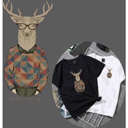 Nordic Style Gentleman Deer Iron on Transfer Patches Heat Transfer Ironing Stickers for DIY Clothes T-shirt Washable Kids Badges