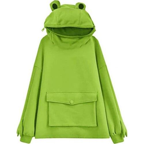 Spring And Autumn New Womens Hoodie Womens Middle Length Design Super Cute Frog Hooded Lazy Coat