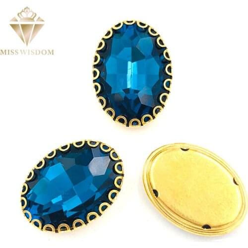 Peacock blue oval glass crystal sew on rhinestones gold bottom lacy shape claws 6X8/8X10/10X14/13x18mm Diy clothing accessories