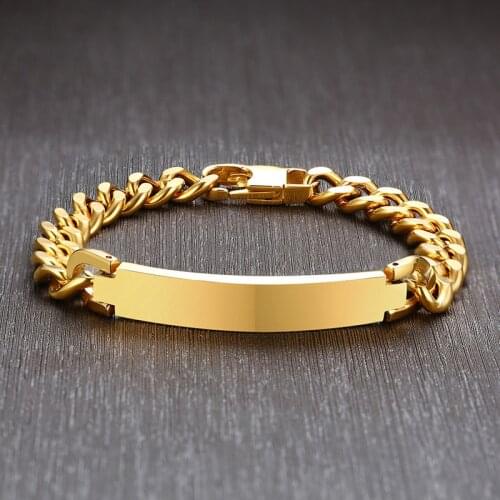 PERSONALIZED GOLD MENS BRACELET STAINLESS STEEL ID TAG FREE ENGRAVING CHAINS LINK BRAZELET