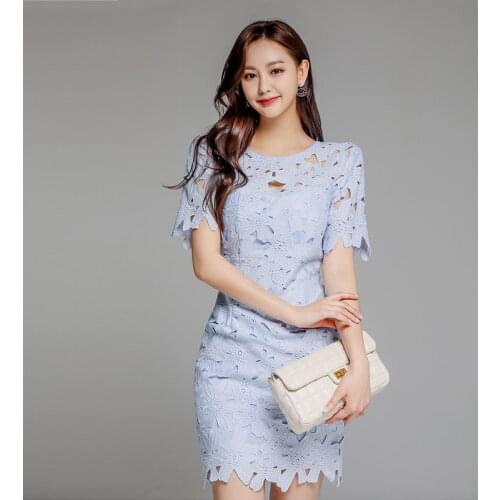 Elegant Korean Blue Dress for women Summer Short Sleeve O-neck Backless sundress Sexy Ladies Office Mini Bodycon Dresses Female