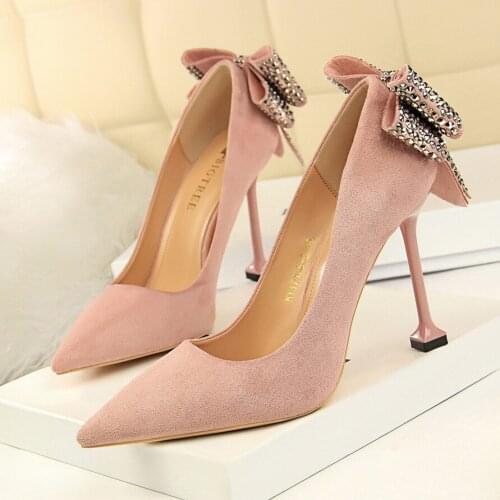 Women Pumps Shoes Flock Solid Butterfly-knot Shallow Slip-On Pointed Toe Thin 9.5cm High Heels Club Sexy Lady Club Female Shoes