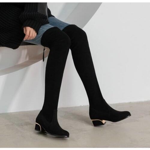 Lady Black Super Stretch Over The Knee Boots Lady Autumn Awinter Zipper Metal stitching Square Heel Boots Low Heel Womens Shoes