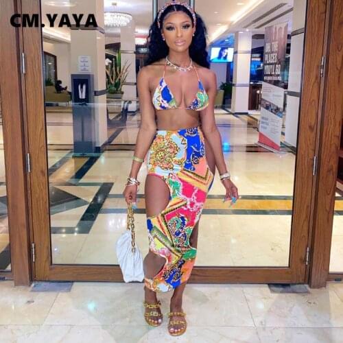 CM.YAYA Women Set Print Bandage Halter Backless Bra Hole Strechy Long Skirts Two Piece Sets Sexy Night Clubwear Summer Outfits