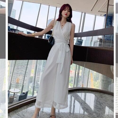 2020 Summer 2 Piece Set Chiffon Women Suit Elegant Party V Neck Sashes Short Tops and Long Wide Leg Pants Set Two Piece Suit