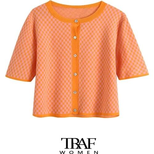 TRAF Za Women Fashion Check Knitted Cardigan Sweater Vintage Short Sleeve Button-up Female Outerwear Chic Tops