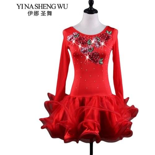 Embroidery Latin Dance Professional Competition Dress Mesh Long Sleeve Dress New Latin Dancing Stage Performance Costume Adult