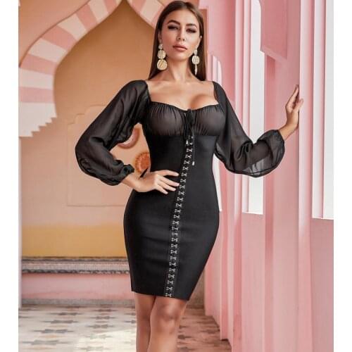 Top Quality Women Winter Sexy Long Sleeve Lacing Black Bodycon Bandage Dress 2020 Elegant Female Party Casual Dress Vestidos
