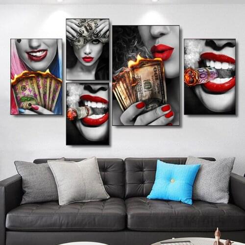 Smile Red Lips Burning Dollar Money Smoking Beauty Woman Picture Abstract Canvas Painting Wall Art Poster for Living Room Decor