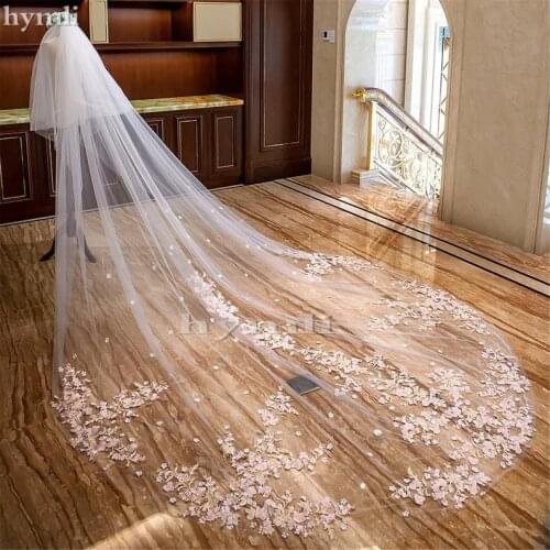 400cm x 300cm Two Layer Cathedral Wedding Veil Lace Blush Pink Flowers Long Bridal Veil with Metal Comb