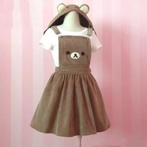 Japanese Kawaii Girl Lolita Overall Dress Cute Bear Embroidery Harajuku Japanese Rilakkuma Dress School Vestido Detachable Hat
