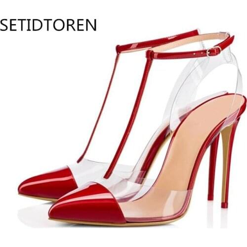 Fashion T-Strap Women PVC Clear Pumps Pointed Toe High Heels Slip on Jelly Shoes Split Stilettos Party Wedding Dress Shoes