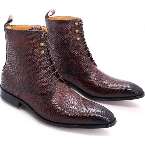 Luxury Mens Ankle Boots Real Cow Leather Snake Pattern Street Style High Top Mid-Calf Lace Up Western Winter Boots for Men 2021