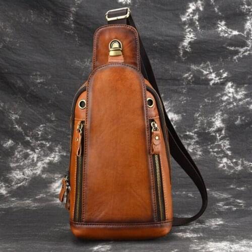 Genuine Leather Mens Chest Bag Retro for Men Single Shoulder Bag Leisure Rub color Messenger Bag Chest Pocket Cross Body Bag
