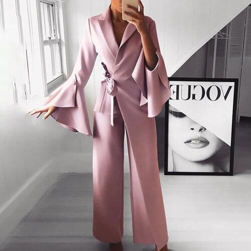 OMILKA Wide Leg Rompers and Jumpsuits 2019 Autumn Winter Women Flare Sleeve V Neck Irregular Bandage Loose Club Party Overalls