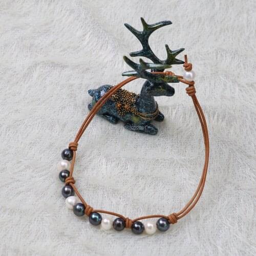 Ambrum Real Pearl Leather Choker necklace,Women pendant necklace,handmade knotted jewelry,Blue Pearls,White Pearls Collar Jewel