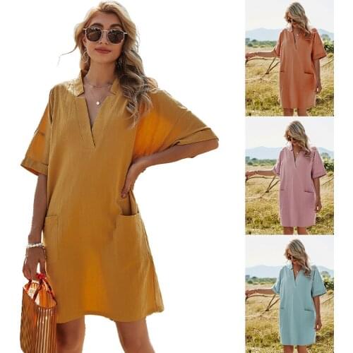 A-line Skirt Dress Set V-neck Dresses Beach Woman Female Clothing Wishbone Pocket Summer Sundress Clothes for Women Solid Color