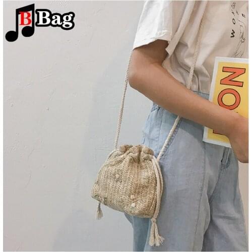 Woven Drawstring Straw Pouch Summer Women Flower Messenger Crossbody Bags womens Small Beach Purse Shoulder Handbag