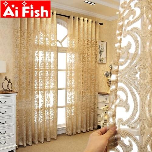 European Luxury Hollow Light Yellow Jacquard Geometric Tulle Curtains for Living Room Delicate Fabric for Bedroom Drape MY521#40