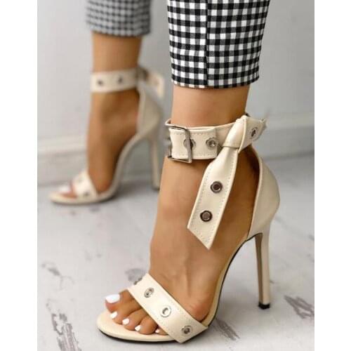 Carpaton Single Strap Eyelet Buckle Knot Thin Heeled Sandals Open Toe Ankle Strap Woman Shoes Sexy Cutouts Gladiator Sandals