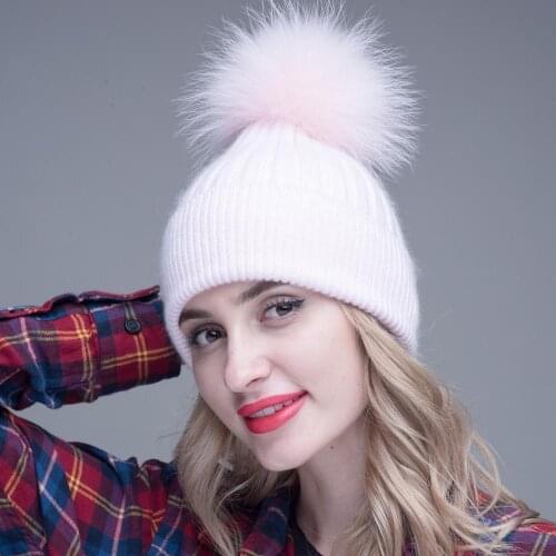 Janefur Winter Women Real Fur Pom Pom Hat Rabbit Wool Knitted Thick Beanie Hat Fashion Lady Warm Ski Caps