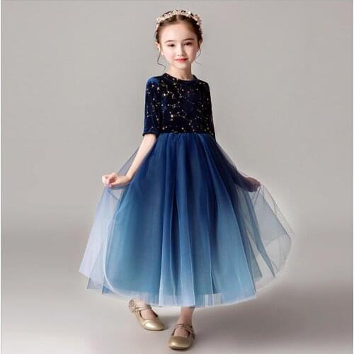 Sequin Blue Lace Flower Girl Dresses Evening Ball Gown Girl First Communion Gowns Kids Girls Christening Wedding Party Vestidos