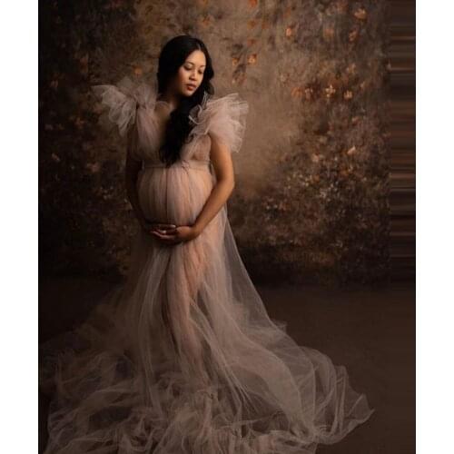 2021 Sexy Tulle Maternity Dresses Puffy Short Sleeves Sheer See Through V Neck Pleated Custom Made Plus Size Photo Shoot Gowns