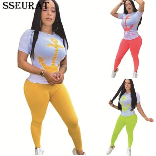 SSEURAT Printting Short Sleeve Round Neck T-Shirt and Solid Color Pencil Trousers Women Casual Suits 2021 Summer Sexy Two Piece