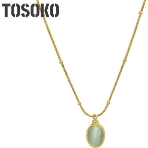 TOSOKO Stainless Steel Jewelry Opal Oval Pendant Necklace Womens Simple And Elegant Clavicle Chain BSP174
