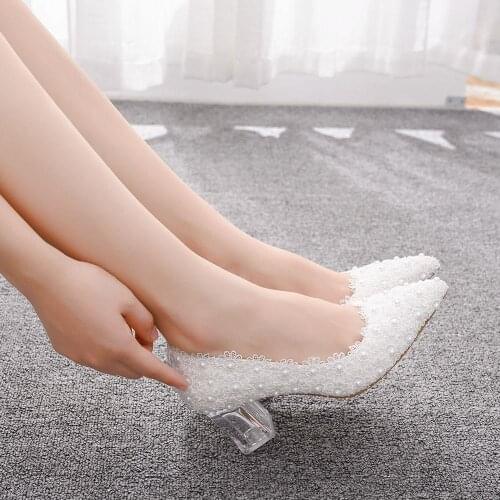 Crystal Queen Women Block 7cm High Heels Lady Scarpins Satin Pumps Female Lace Wedding Shoes Bride Silk Transparent Shoes