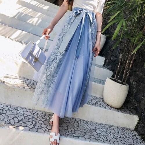 2020 Spring Summer Women Fashion New Elastic High Waist Bow Splice Lace Mesh Hit Color Half-body Tulle Skirt Korean Plus Size