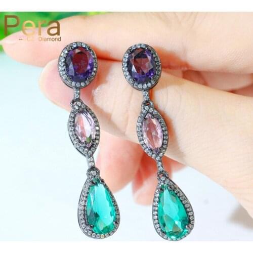 Pera Elegant Purple Pink Blue Round Cubic Zirconia Black Gold Long Water Drop Dangle Earrings for Ladies Boho Party Jewelry E604