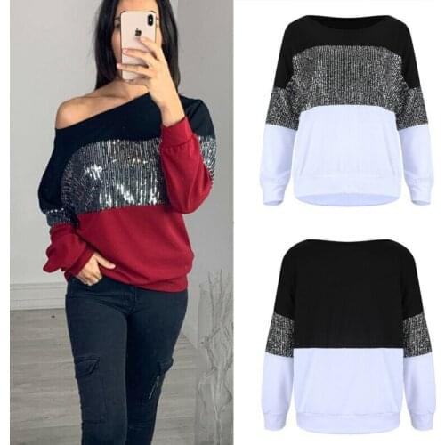Fashion Women Tops and Shirt Long Sleeve T-shirts Sequined Patchwork Casual Loose O-neck Tops Femme